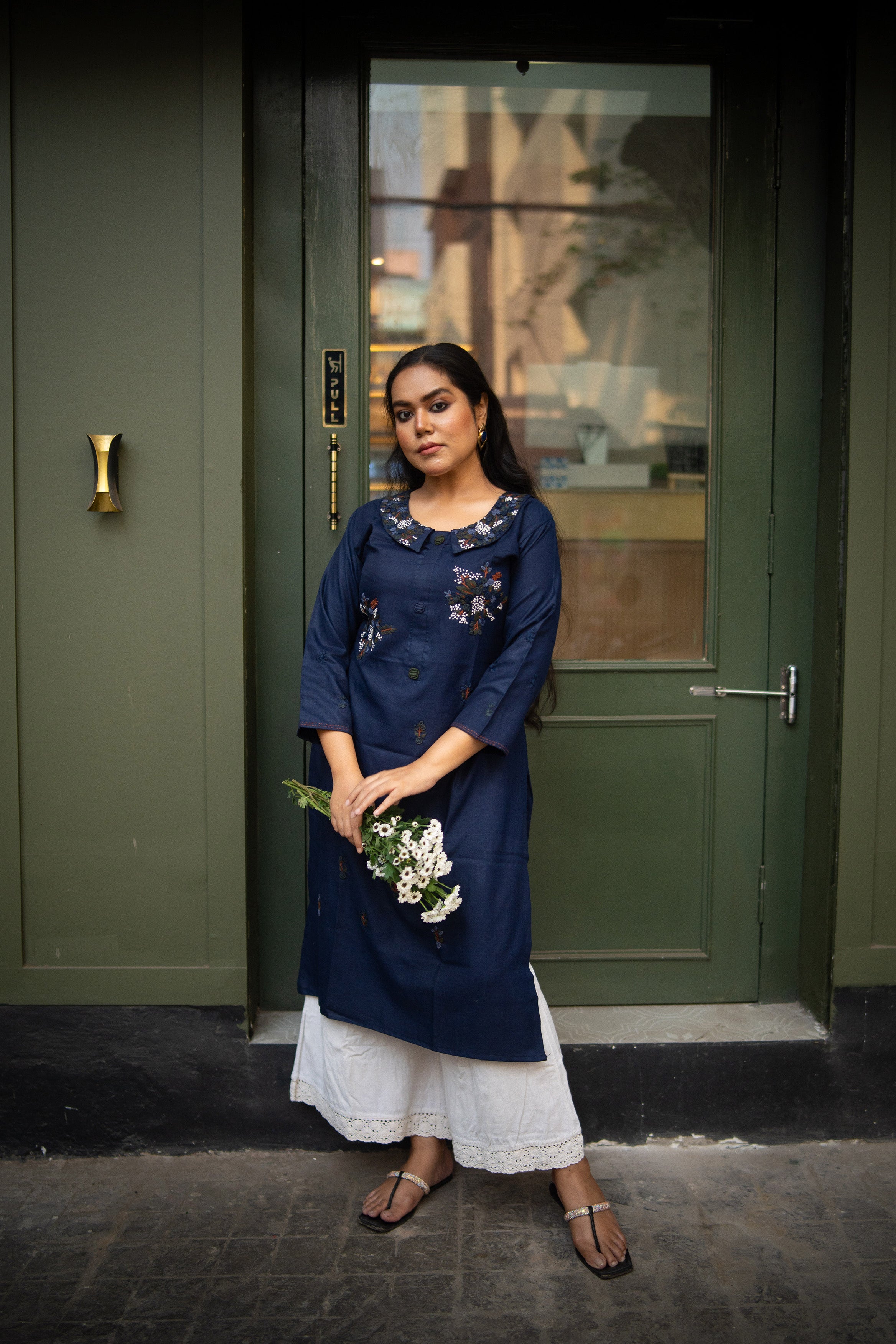 Mid Night Blue Color Cotton Hand Embroidery Kurta